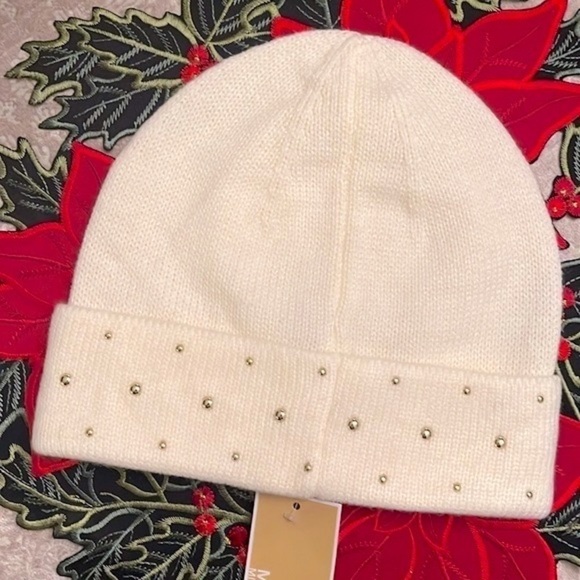 Brand New Michael Kors Cream Knit Beanie Hat w/ Gold Tone Metal Logo & Studs main image 15